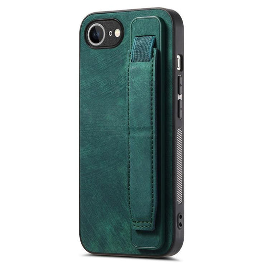 For iPhone 16e Retro Wristband Holder Leather Back Phone Case(Green) by bashfashion