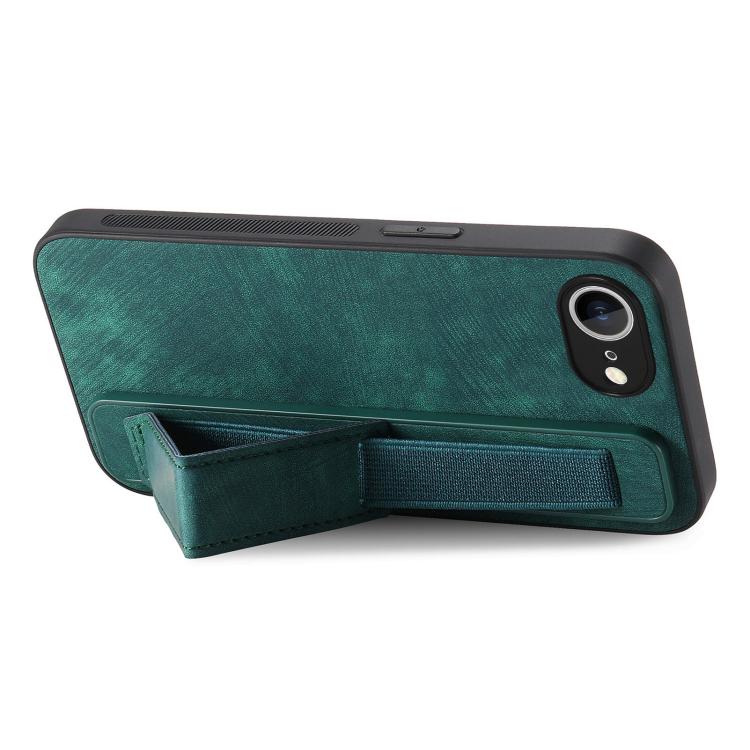 For iPhone 16e Retro Wristband Holder Leather Back Phone Case(Green) by bashfashion