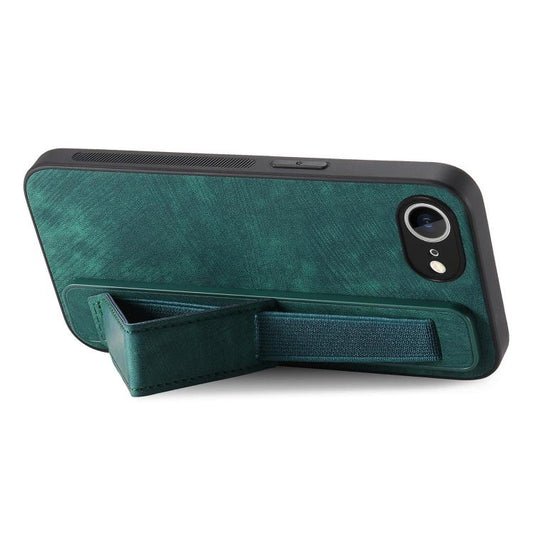 For iPhone 16e Retro Wristband Holder Leather Back Phone Case(Green) by bashfashion