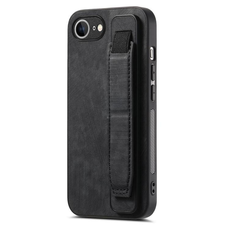 For iPhone 16e Retro Wristband Holder Leather Back Phone Case(Black) by bashfashion