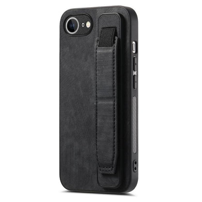 For iPhone 16e Retro Wristband Holder Leather Back Phone Case(Black) by bashfashion