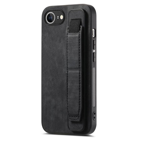 For iPhone 16e Retro Wristband Holder Leather Back Phone Case(Black) by bashfashion