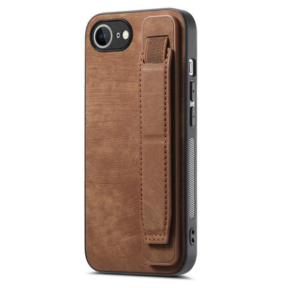 For iPhone 16e Retro Wristband Holder Leather Back Phone Case(Brown) by bashfashion