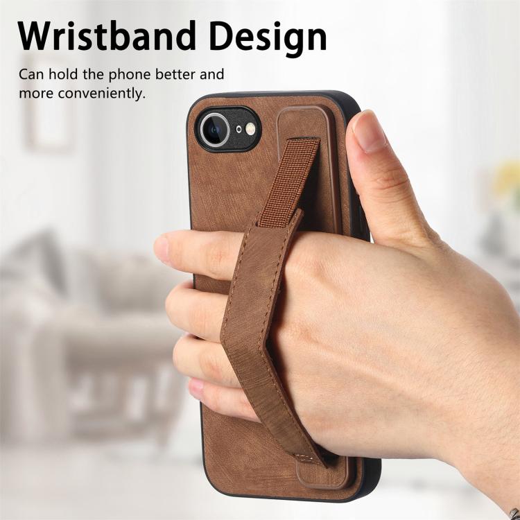 For iPhone 16e Retro Wristband Holder Leather Back Phone Case(Brown) by bashfashion