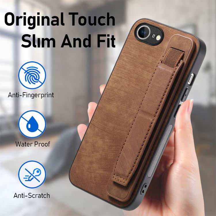 For iPhone 16e Retro Wristband Holder Leather Back Phone Case(Brown) by bashfashion