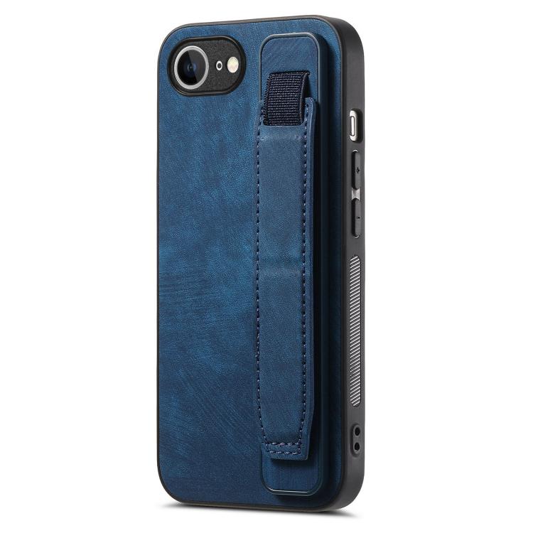 For iPhone 16e Retro Wristband Holder Leather Back Phone Case(Blue) by bashfashion