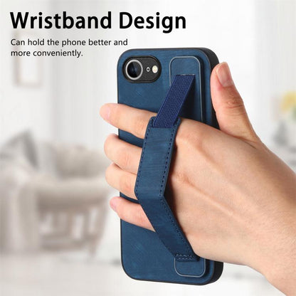 For iPhone 16e Retro Wristband Holder Leather Back Phone Case(Blue) by bashfashion