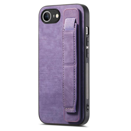 For iPhone 16e Retro Wristband Holder Leather Back Phone Case(Purple) by bashfashion
