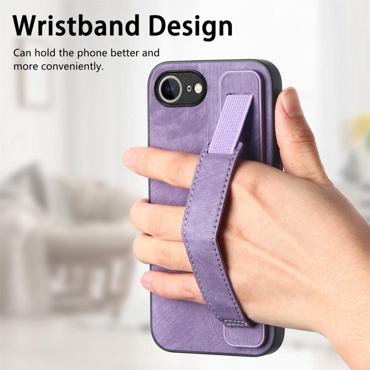For iPhone 16e Retro Wristband Holder Leather Back Phone Case(Purple) by bashfashion