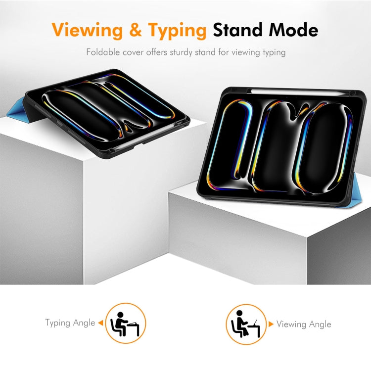 For iPad Pro 11 2025 / 2024 ENKAY Tri-fold Custer Texture TPU Leather Smart Tablet Case with Pen Slot(Light Blue) by ENKAY