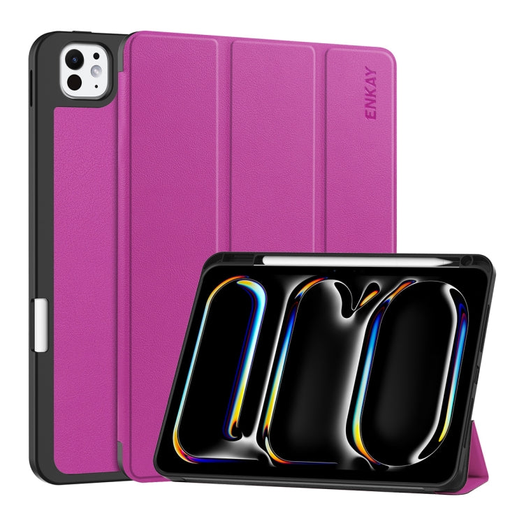 For iPad Pro 11 2025 / 2024 ENKAY Tri-fold Custer Texture TPU Leather Smart Tablet Case with Pen Slot(Purple) by ENKAY