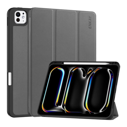 For iPad Pro 11 2025 / 2024 ENKAY Tri-fold Custer Texture TPU Leather Smart Tablet Case with Pen Slot(Grey) by ENKAY