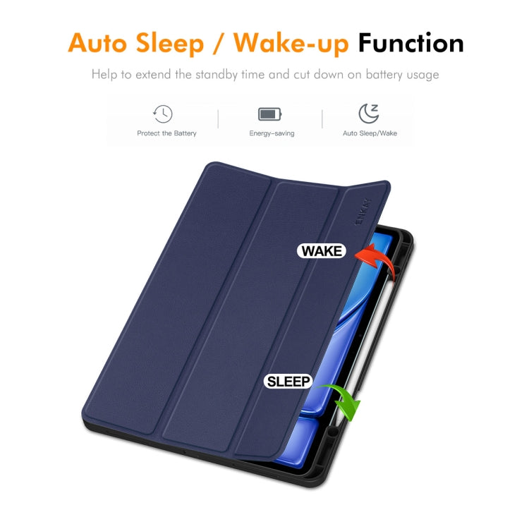 For iPad Air 13 2025 / 2024 ENKAY Tri-fold Custer Texture TPU Leather Smart Tablet Case with Pen Slot(Dark Blue) by ENKAY