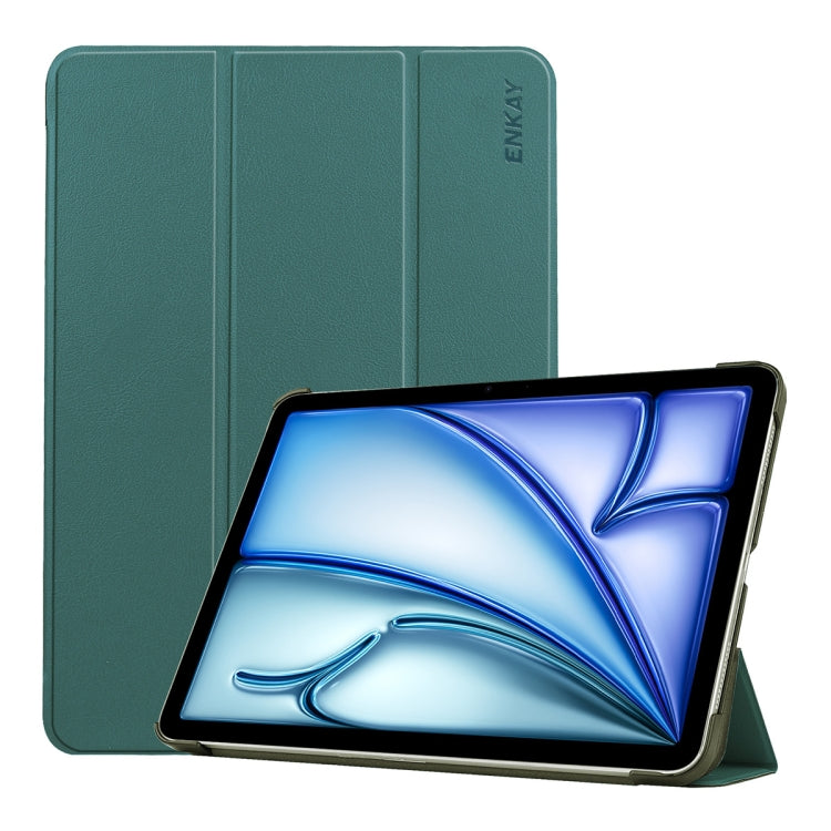 For iPad Air 13 2025 / 2024 ENKAY Tri-fold Custer Texture Plastic Leather Smart Tablet Case(Dark Green) by ENKAY