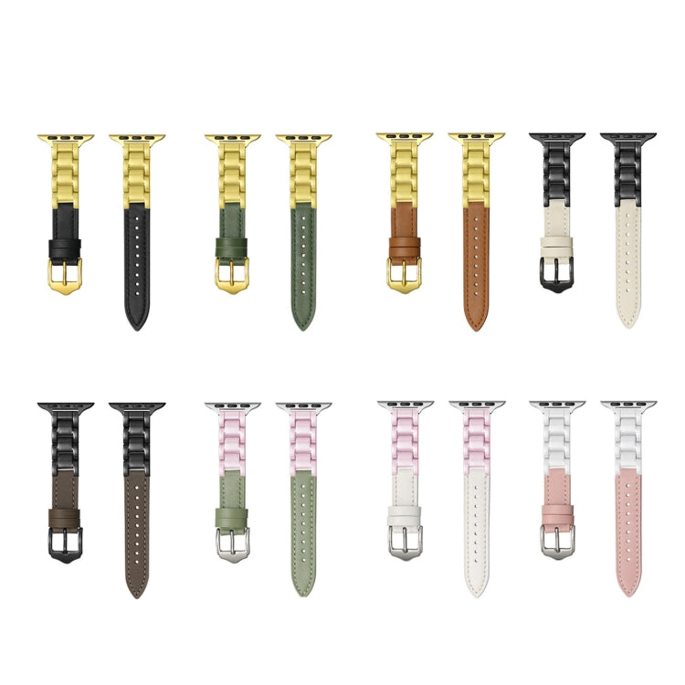 For Apple Watch Series 8 45mm Ceramic Color Buckle Contrast Leather Watch Band(Light Pink+White+Silver Buckle) by bashfashion