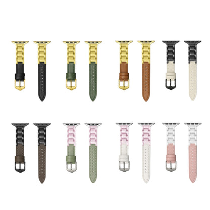 For Apple Watch Series 8 45mm Ceramic Color Buckle Contrast Leather Watch Band(Light Pink+White+Silver Buckle) by bashfashion