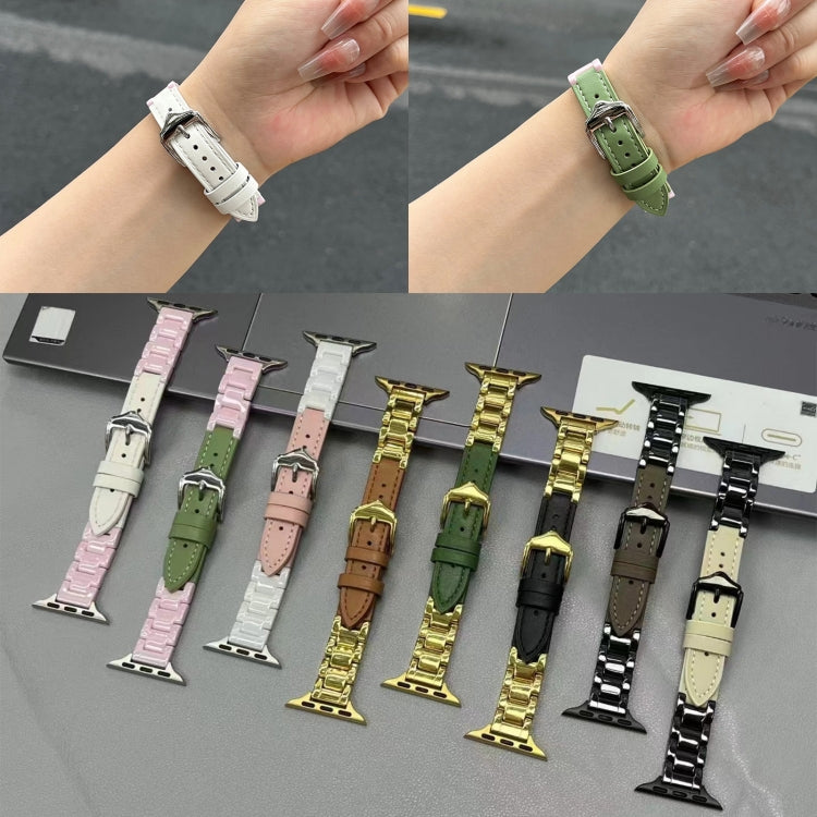 For Apple Watch Series 8 45mm Ceramic Color Buckle Contrast Leather Watch Band(Mint Green+Pink+Silver Buckle) by bashfashion