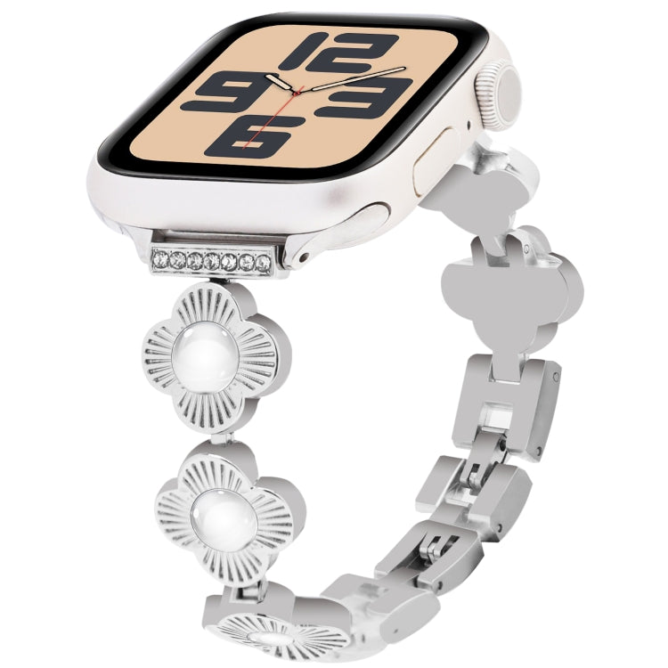 For Apple Watch SE 2023 44mm Four Leaf Clover Quick-Release Metal Chain Watch Band(Silver) by bashfashion