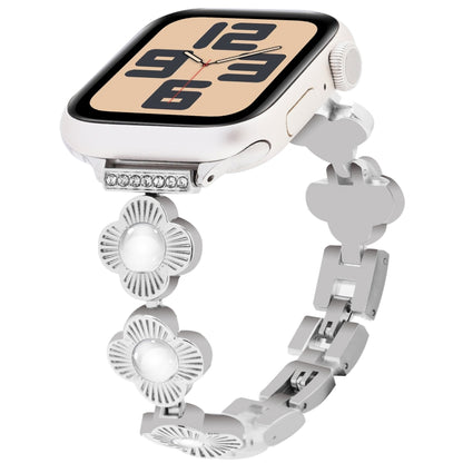 For Apple Watch SE 2023 44mm Four Leaf Clover Quick-Release Metal Chain Watch Band(Silver) by bashfashion