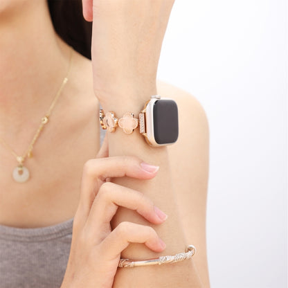 For Apple Watch Series 8 45mm Four Leaf Clover Quick-Release Metal Chain Watch Band(Rose Gold) by bashfashion