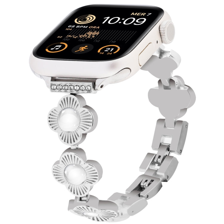 For Apple Watch SE 2022 44mm Four Leaf Clover Quick-Release Metal Chain Watch Band(Silver) by bashfashion