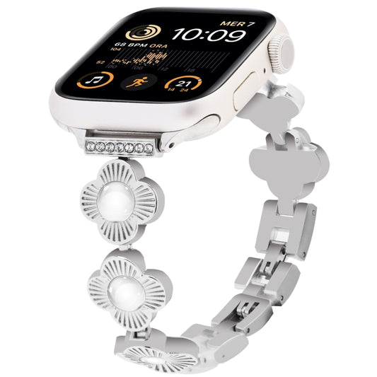 For Apple Watch SE 2022 44mm Four Leaf Clover Quick-Release Metal Chain Watch Band(Silver) by bashfashion