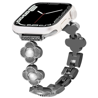 For Apple Watch Series 7 45mm Four Leaf Clover Quick-Release Metal Chain Watch Band(Black) by bashfashion