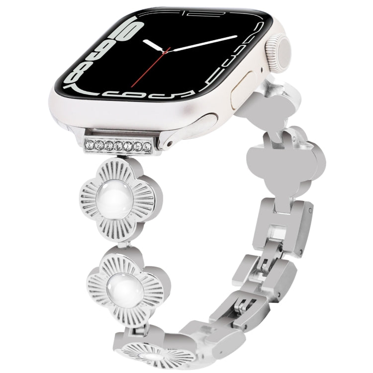 For Apple Watch Series 7 45mm Four Leaf Clover Quick-Release Metal Chain Watch Band(Silver) by bashfashion