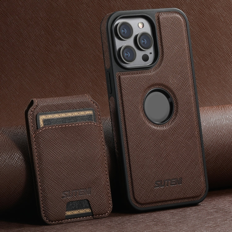 For iPhone 15 Pro Max Suteni M2 Cross-Grain MagSafe Vertical Card Back Phone Case(Brown) by Suteni