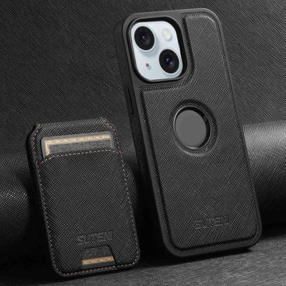 For iPhone 15 Plus Suteni M2 Cross-Grain MagSafe Vertical Card Back Phone Case(Black) by Suteni