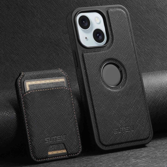 For iPhone 15 Plus Suteni M2 Cross-Grain MagSafe Vertical Card Back Phone Case(Black) by Suteni