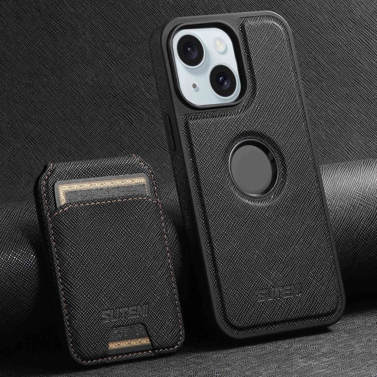 For iPhone 15 Suteni M2 Cross-Grain MagSafe Vertical Card Back Phone Case(Black) by Suteni