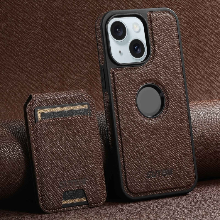 For iPhone 15 Suteni M2 Cross-Grain MagSafe Vertical Card Back Phone Case(Brown) by Suteni