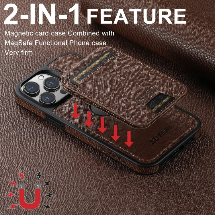 For iPhone 15 Suteni M2 Cross-Grain MagSafe Vertical Card Back Phone Case(Brown) by Suteni