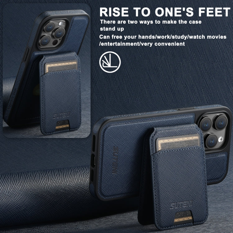 For iPhone 14 Pro Max Suteni M2 Cross-Grain MagSafe Vertical Card Back Phone Case(Blue) by Suteni