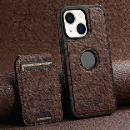 For iPhone 14 Plus Suteni M2 Cross-Grain MagSafe Vertical Card Back Phone Case(Brown) by Suteni
