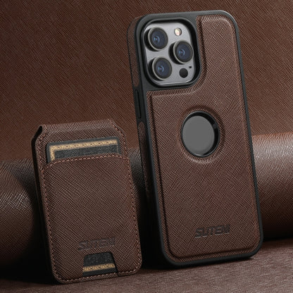 For iPhone 14 Pro Suteni M2 Cross-Grain MagSafe Vertical Card Back Phone Case(Brown) by Suteni