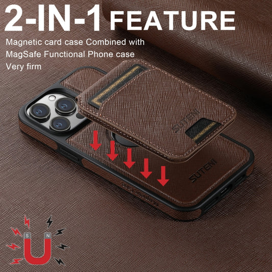 For iPhone 14 Pro Suteni M2 Cross-Grain MagSafe Vertical Card Back Phone Case(Brown) by Suteni