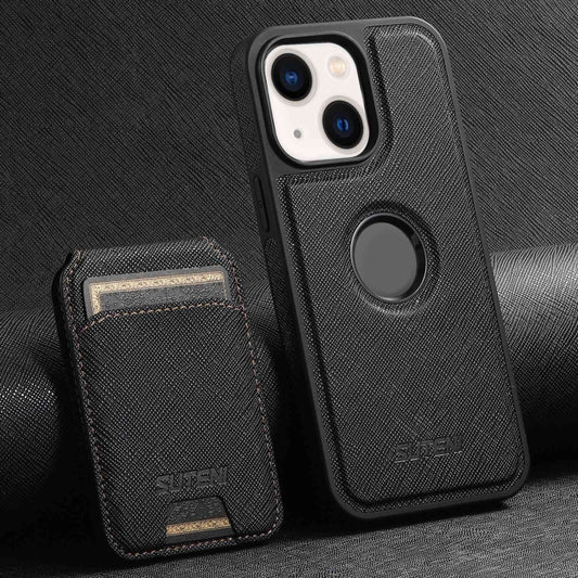 For iPhone 14 Suteni M2 Cross-Grain MagSafe Vertical Card Back Phone Case(Black) by Suteni