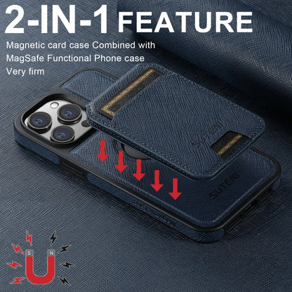 For iPhone 14 Suteni M2 Cross-Grain MagSafe Vertical Card Back Phone Case(Blue) by Suteni