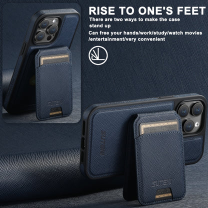 For iPhone 14 Suteni M2 Cross-Grain MagSafe Vertical Card Back Phone Case(Blue) by Suteni