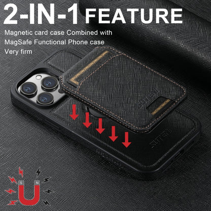 For iPhone 13 Pro Max Suteni M2 Cross-Grain MagSafe Vertical Card Back Phone Case(Black) by Suteni