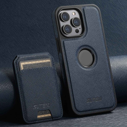 For iPhone 13 Pro Suteni M2 Cross-Grain MagSafe Vertical Card Back Phone Case(Blue) by Suteni