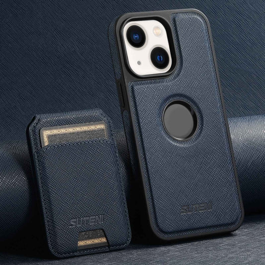 For iPhone 13 Suteni M2 Cross-Grain MagSafe Vertical Card Back Phone Case(Blue) by Suteni
