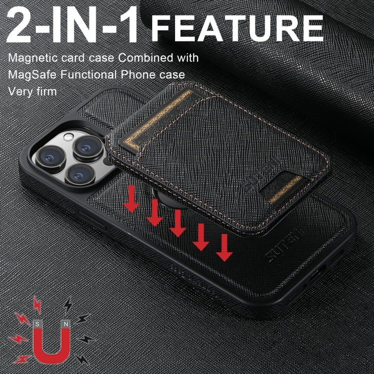 For iPhone 12 Pro Max Suteni M2 Cross-Grain MagSafe Vertical Card Back Phone Case(Black) by Suteni