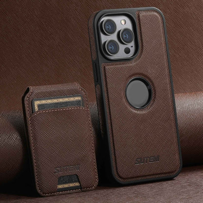For iPhone 12 Pro Max Suteni M2 Cross-Grain MagSafe Vertical Card Back Phone Case(Brown) by Suteni