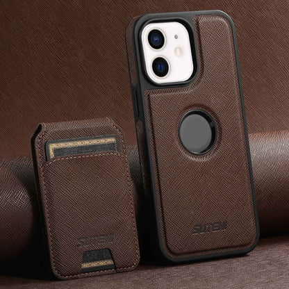 For iPhone 12 Suteni M2 Cross-Grain MagSafe Vertical Card Back Phone Case(Brown) by Suteni