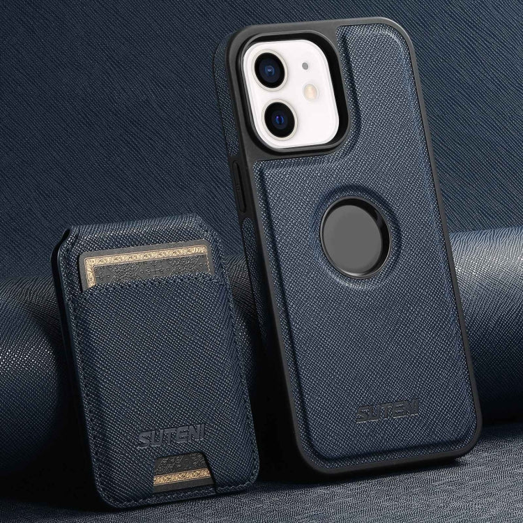 For iPhone 12 Suteni M2 Cross-Grain MagSafe Vertical Card Back Phone Case(Blue) by Suteni