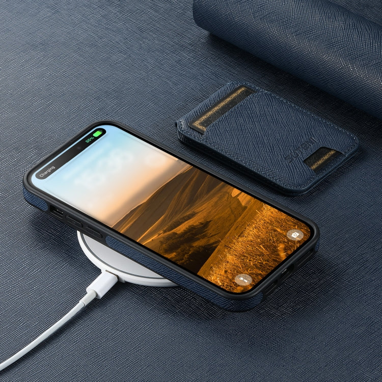 For iPhone 16 Pro Suteni M2 Cross-Grain MagSafe Vertical Card Back Phone Case(Blue) by Suteni