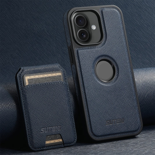For iPhone 16 Plus Suteni M2 Cross-Grain MagSafe Vertical Card Back Phone Case(Blue) by Suteni